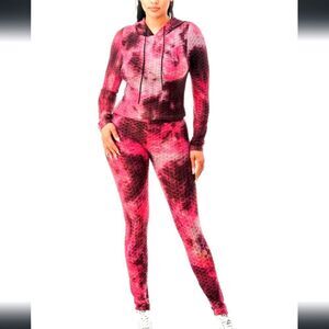 Women's Honeycomb Bubble Texture Tie Dye Butt Lift Activewear Sweatsuit Hooded L
